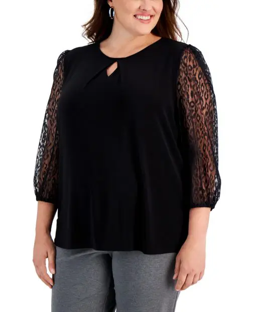 Kasper Plus Size Pleated-Neck Lace-Sleeve Top - Black 2X