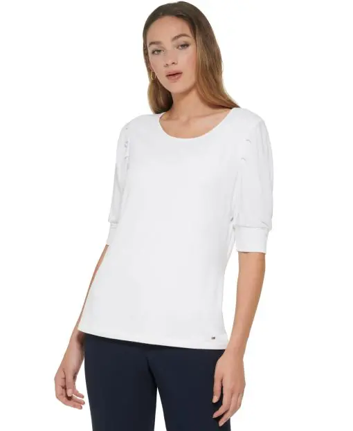 TOMMY HILFIGER Women's White Pleated Sheer Logo Plate Pullover Elbow Sleeve Scoop Neck Top M