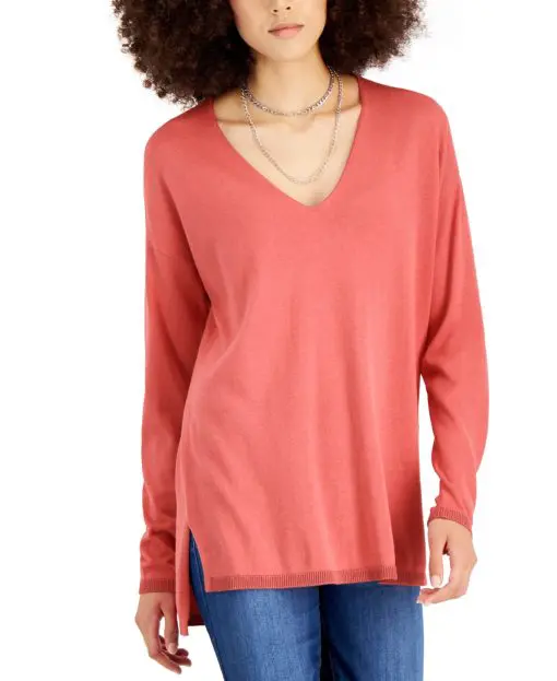 INC Women's Solid V-Neck Sweater, - Coral LipstickXS