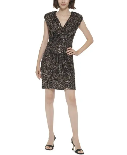 Calvin Klein Women's Sequined Surplice-Neck Dress - Bronze Black 10