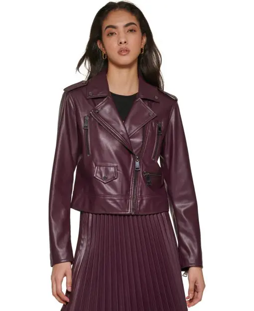 DKNY Womens Asymmetric Faux-Leathe Bordeaux XS