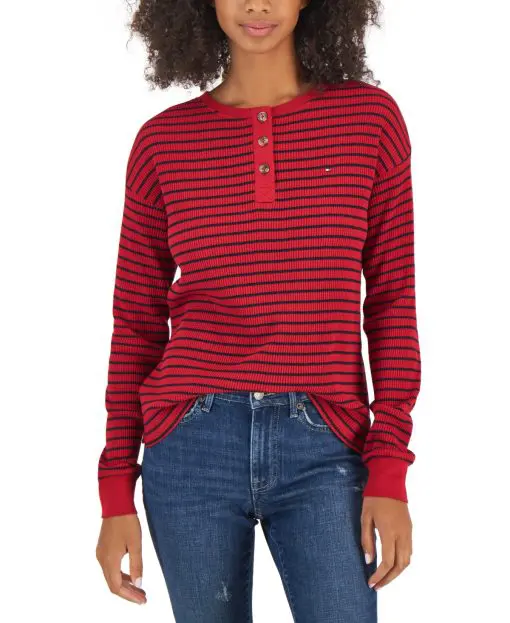 Tommy Hilfiger Women's Long Sleeve Striped Boxy Henley Top Red Size X-Large