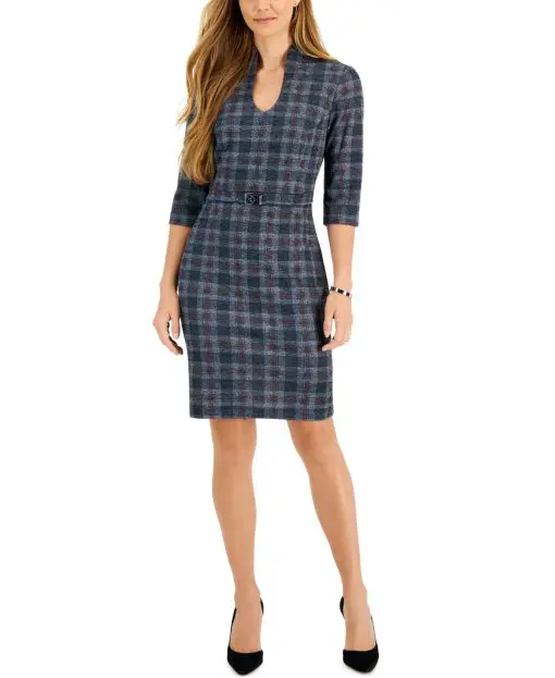 Connected 34-Sleeve Belted Sheath Dress Wine 16