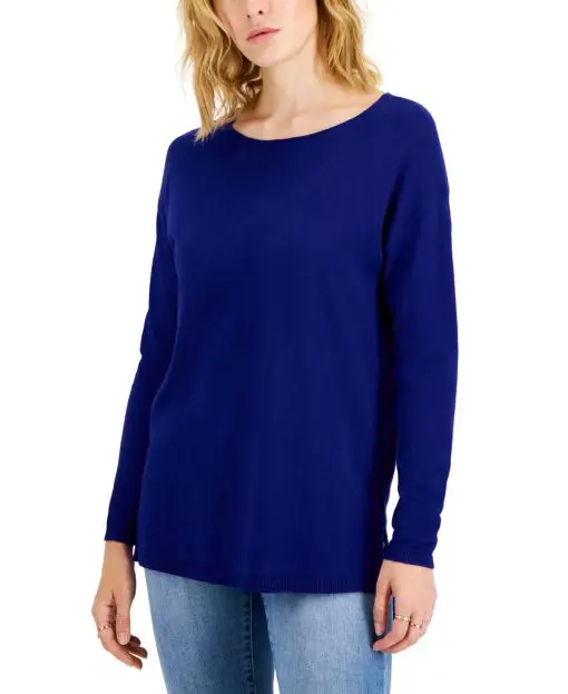 INC Women's Step-Hem Long Sleeve Boatneck Sweater,  Sapphire L