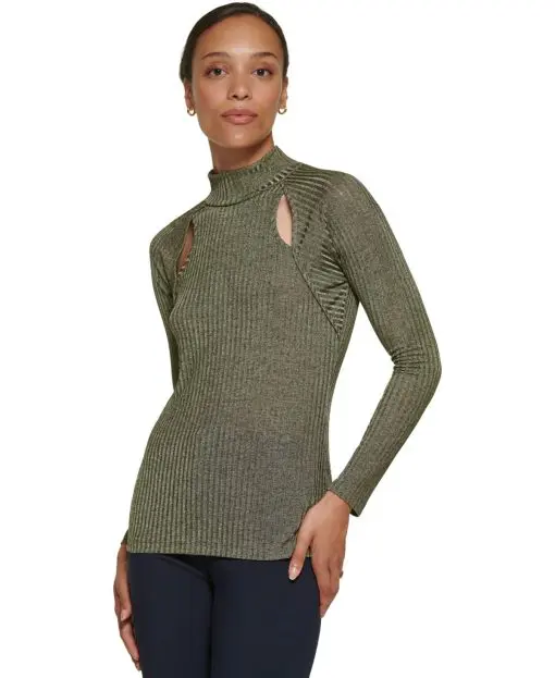 DKNY Womens Ribbed Long-Sleeve Cut Martini Olive L