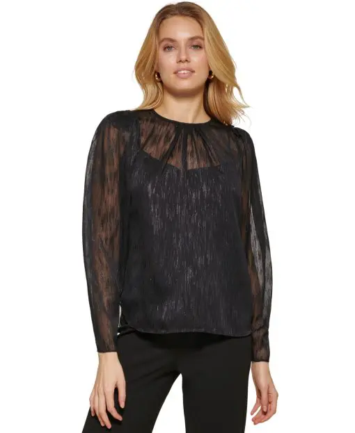 DKNY Women's Patterned Semi Sheer Blouse - Black - Size S