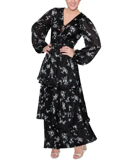 RACHEL Rachel Roy Womens Monroe Tiered Maxi Dre Black Bouquet 6