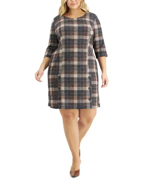 Connected Petite Plaid Button-Trim Sheat Brown 12P