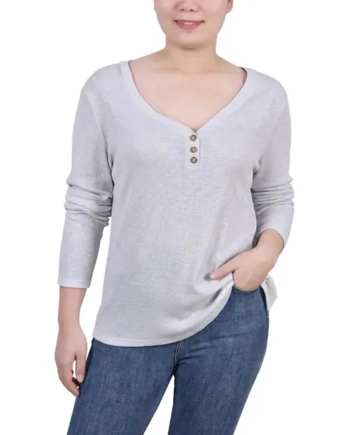 NY Collection Women's Petites Cotton Ribbed Henley PS