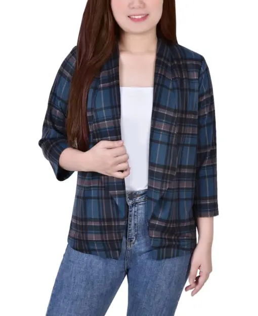 NY Collection NY Collection Petite 34 Sleev Mallard Plaid PM