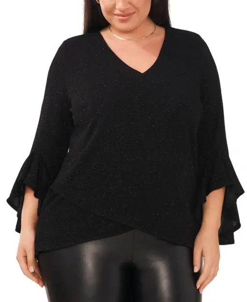 MSK Plus Size Glitter Bell-Sleeve Black 1X