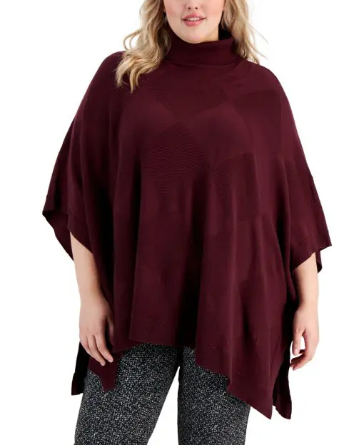 Alfani Plus Size Diamond-Stitch Turtleneck Poncho, - Rich Malbec 1X