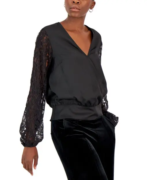 INC Women's Lace-Sleeve Blouse, - Deep Black S