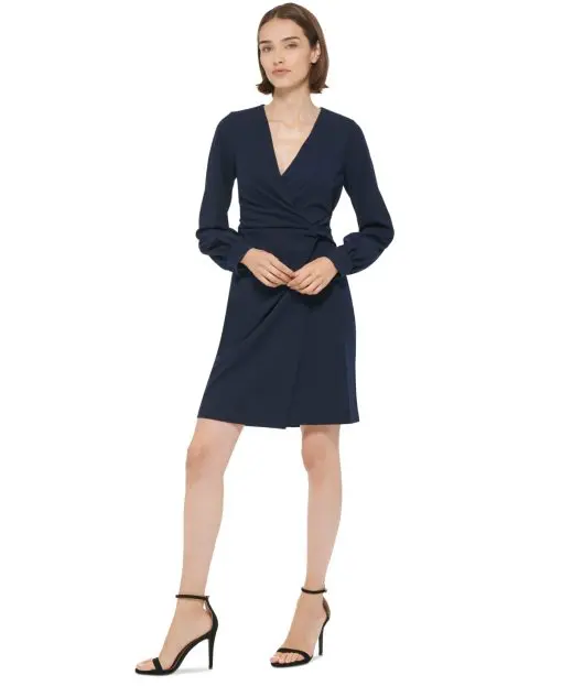 DKNY Womens Long-Sleeve Surplice-N Navy 16