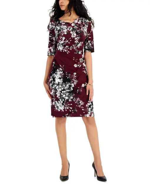 Connected Womens Floral-Print Pleat-Fro Bordeaux 12