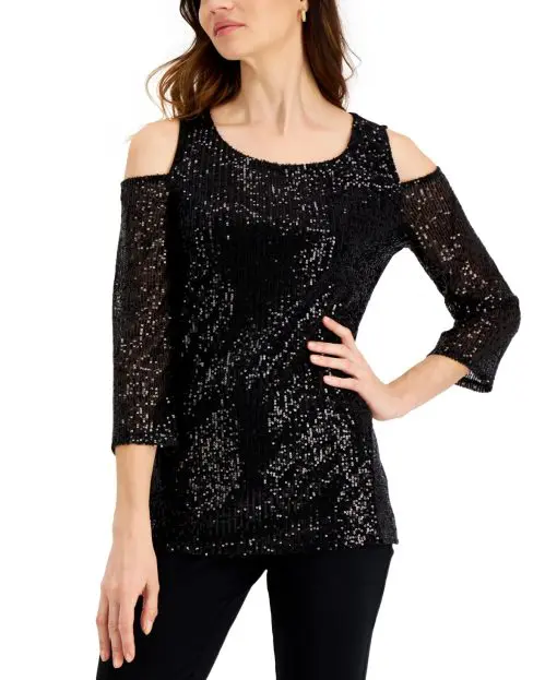 Jm Collection Sequin Cold-Shoulder Top XS