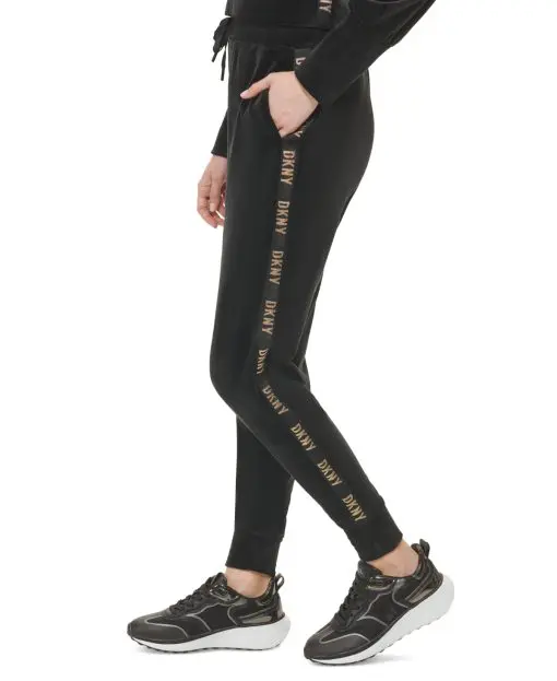 Dkny Women's Metallic Logo Trim Velour Jogger Pants - Black/Gold XL