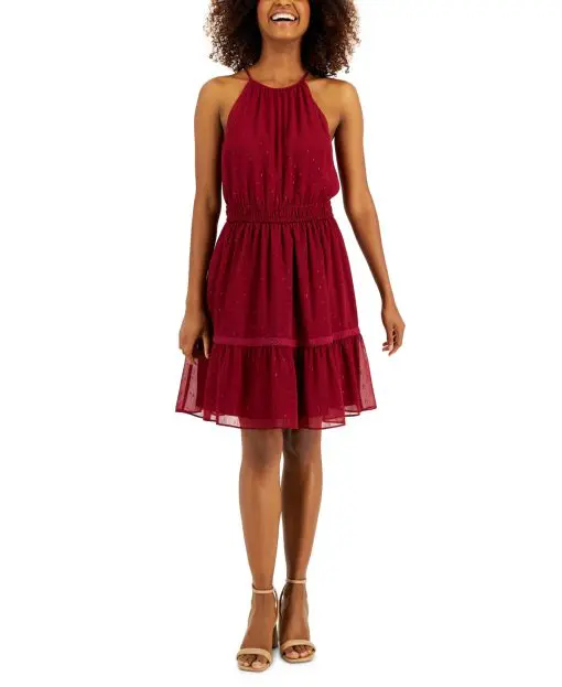 INC Women's Clip-Dot Tiered Halter Mini Dress, - Ruby M