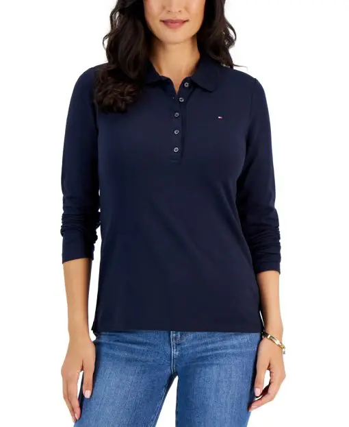 Tommy Hilfiger Women's Logo Long-Sleeve Polo Shirt - Sky Captain S