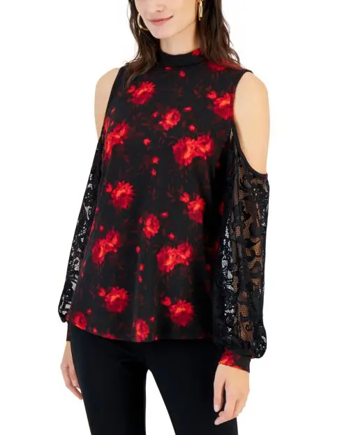 Willow Drive Women's Floral Print Mixed Media Pullover Top XS