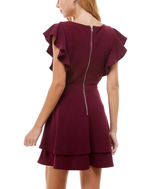 Crystal Doll Juniors' Ruffle-Sleeve Fit & Flare Dress - Burgundy S - Image 3