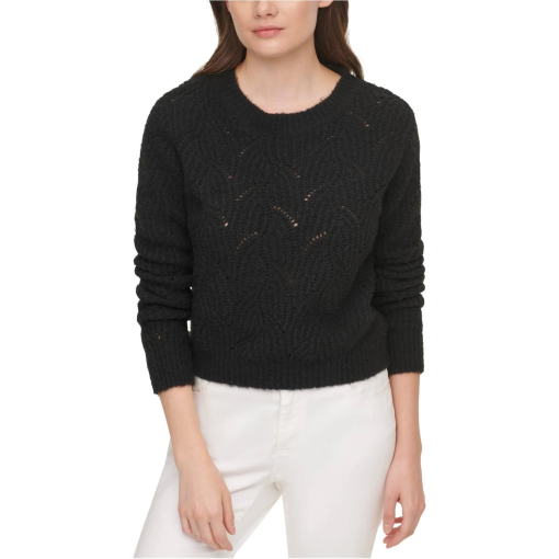 DKNY Womens Black Open-knit Long Sleeve Crew Neck Sweater M - Image 2