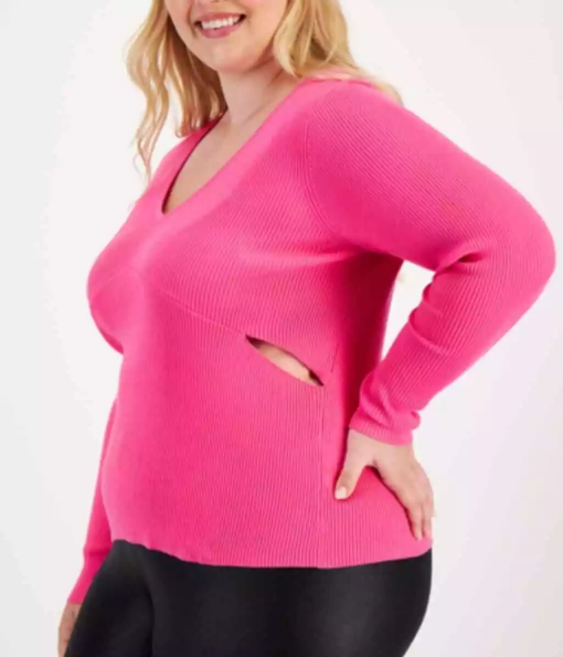 Bar Iii Trendy Plus Size V-Neck Cutout Sweater, Pink Shock 2X - Image 2