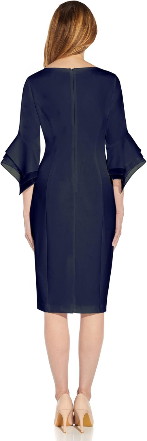 Adrianna Papell Stretch Knit Crepe Sheath Dress with Tiered Organza Bell Sleeve (Navy Sateen) Women's Dress - Image 2