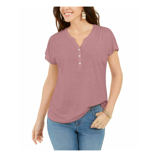 Style & Co Women S Dolman Sleeve Henley Linen Blend Top Purple Size X-Large - Image 2