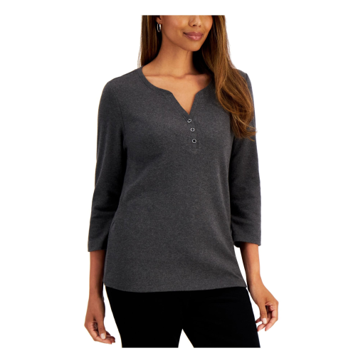 Karen Scott Cotton Henley V-Neck Top S - Image 2