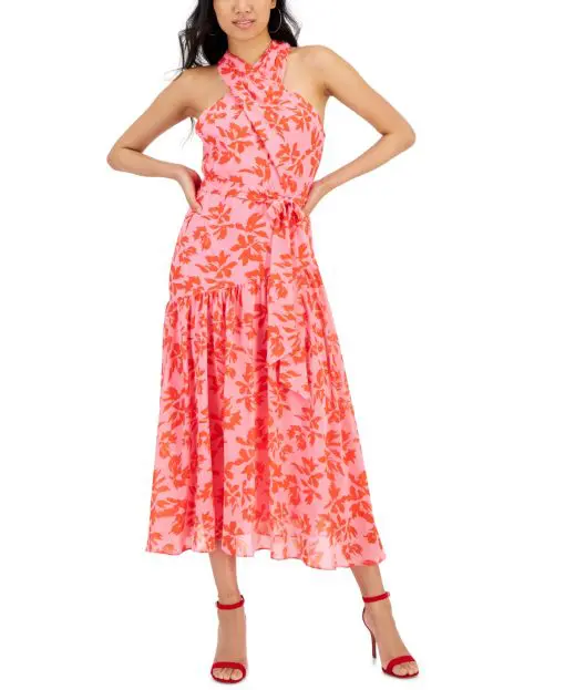 Taylor Womens Printed A-Line Midi Dr PinkCherry 14