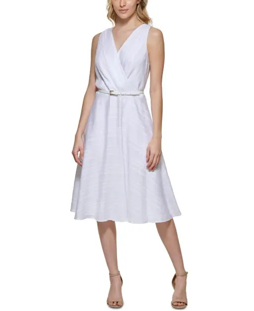 Tommy Hilfiger Womens Striped Faux-Wrap Midi White 8