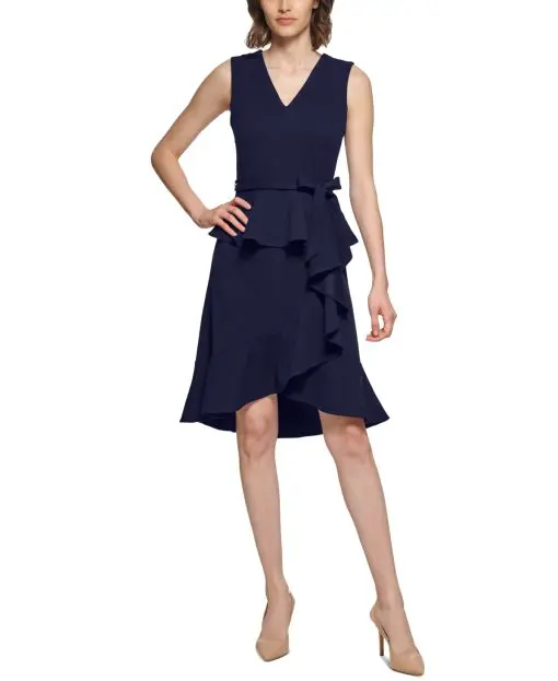 Calvin Klein Petite Ruffled Peplum Dress Navy 10P