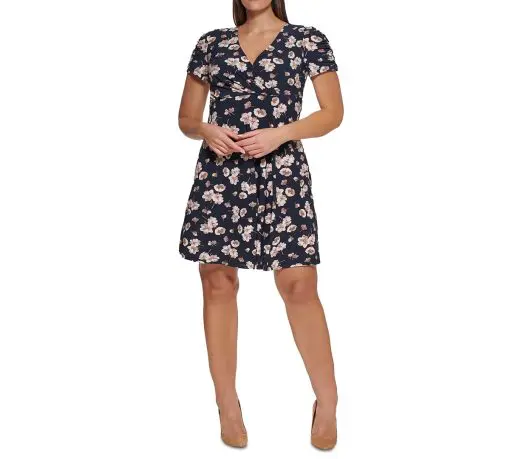 Tommy Hilfiger Plus Size Floral-Print Ruched- Sky Captain.latte 14W