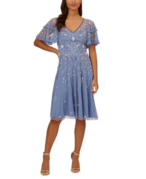 Adrianna Papell Beaded MIDI Dress with Sheer Ruffled Sleeves in French Blue 4