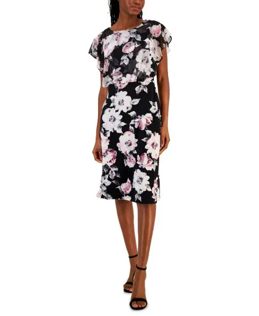 Connected Petite Floral-Print Chiffon Overlay MIDI Dress - Lilac 12P