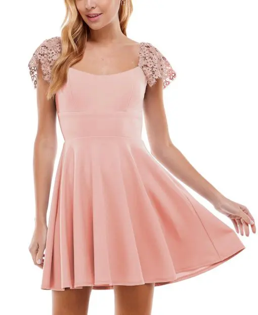 City Studios Juniors Lace-Sleeve Mini Dres Pale Rose 11