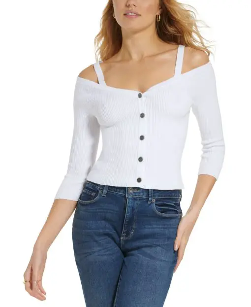 DKNY Jeans Womens Long-Sleeve Button-Fro White XXS