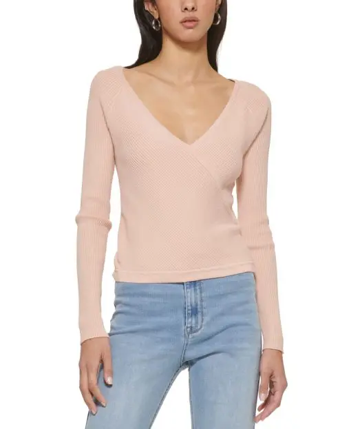 DKNY Jeans Womens Surplice-Neck Ribbed L Honey Pink L