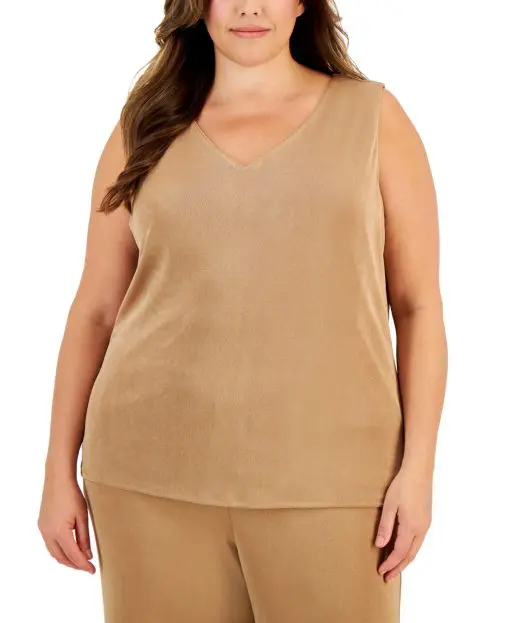 Kasper Plus Size Sleeveless V-Neck Pu Sesame 1X