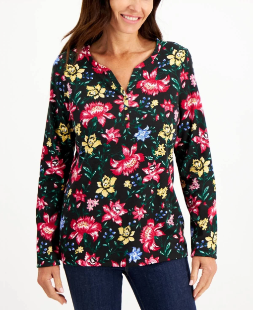 Karen Scott Tapestry Dream Floral Henley Top, SIZEXL - Image 2