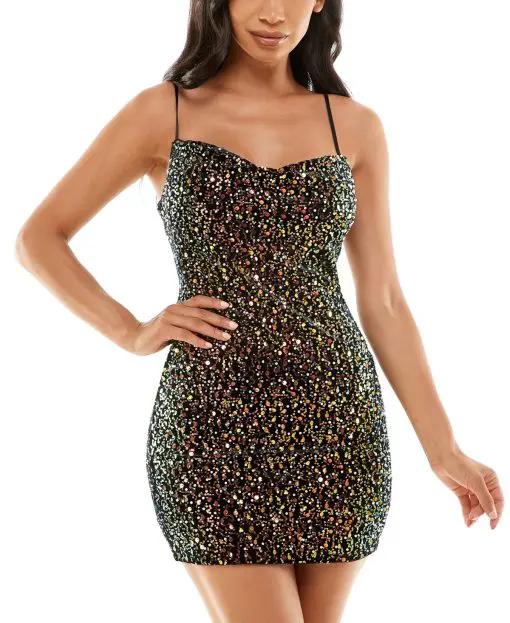 City Studios Juniors' Sequined Cowl-Neck Bodycon Mini Dress - Black/Copper S