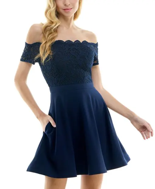 City Studios Juniors Off-The-Shoulder Lace Navy 9/10