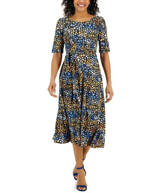 Kasper Petite Dot-Print Midi Fit Fl Black Multi 2P