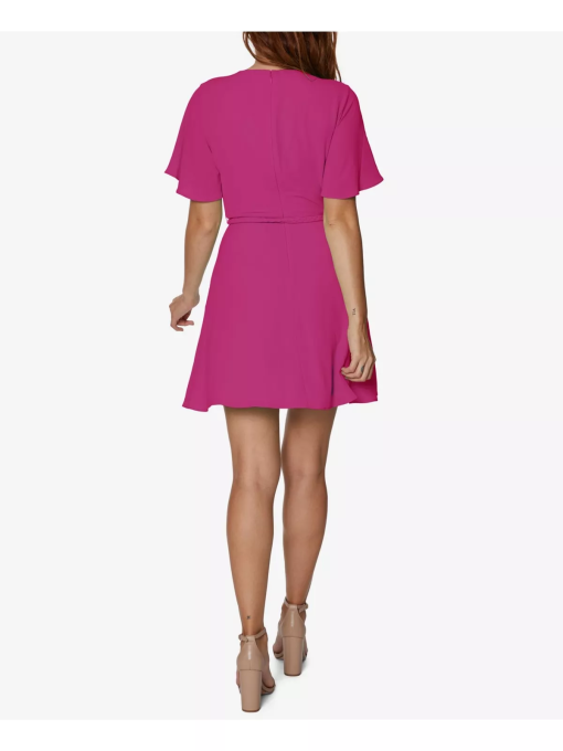 SAGE COLLECTIVE Womens Pink Zippered Belted Short Sleeve Scoop Neck Mini Evening Fit + Flare Dress Petites 10P - Image 2