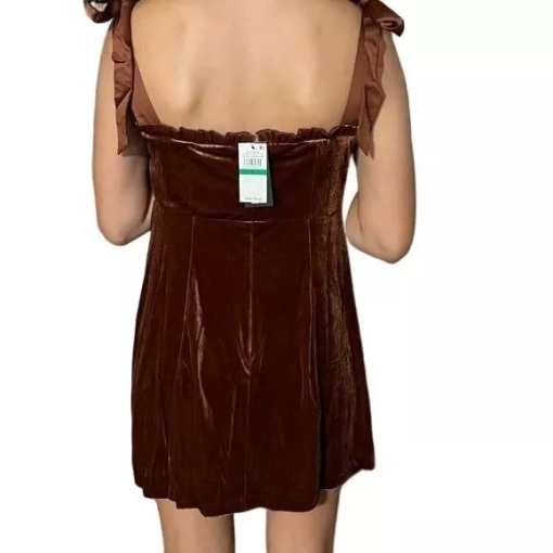 DANIELLE BERNSTEIN Womens Brown Ruffled Tie Velvet Sleeveless Square Neck Mini Party Fit + Flare Dress SIZE L - Image 3