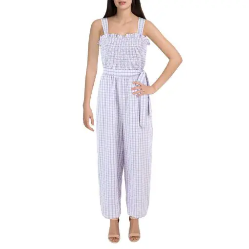 RILEY & RAE Women's Purple Smocked Ruffled Tie Belt Pull on Unlined Check Sleeveless Square Neck Wide Leg Jumpsuit XXL