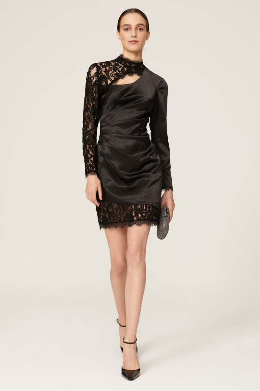 Aidan by Aidan Mattox Liquid Satin Lace Sheath Dre Black 6M - Image 2