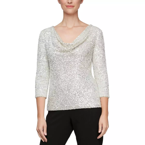 Alex Evenings Petite Sequined Cowlneck 34-S Ivory Silver PM - Image 2