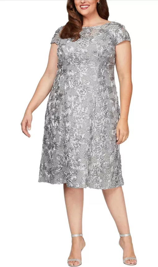 Alex Evenings Plus Size Rosettes Lace A-Line GraySilver 24W - Image 2